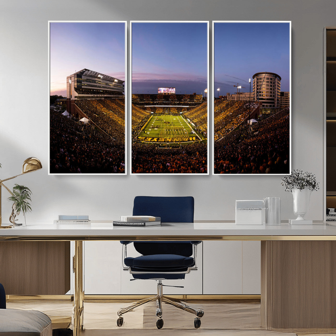 82557-MGV-CV-36X24-College Football Stadium Wall Art – Panoramic Sunset Canvas Print with Marching Band and Game Day Crowd, Sports Artwork for Man