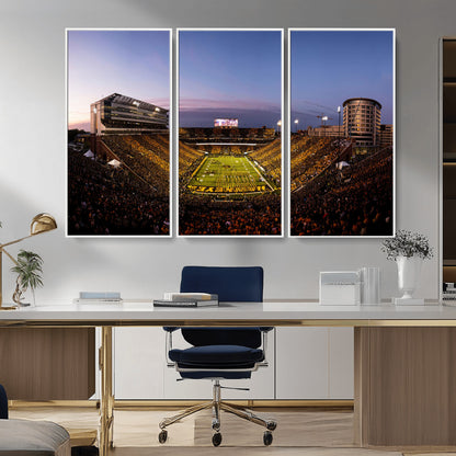 82557-MGV-CV-36X24-College Football Stadium Wall Art – Panoramic Sunset Canvas Print with Marching Band and Game Day Crowd, Sports Artwork for Man