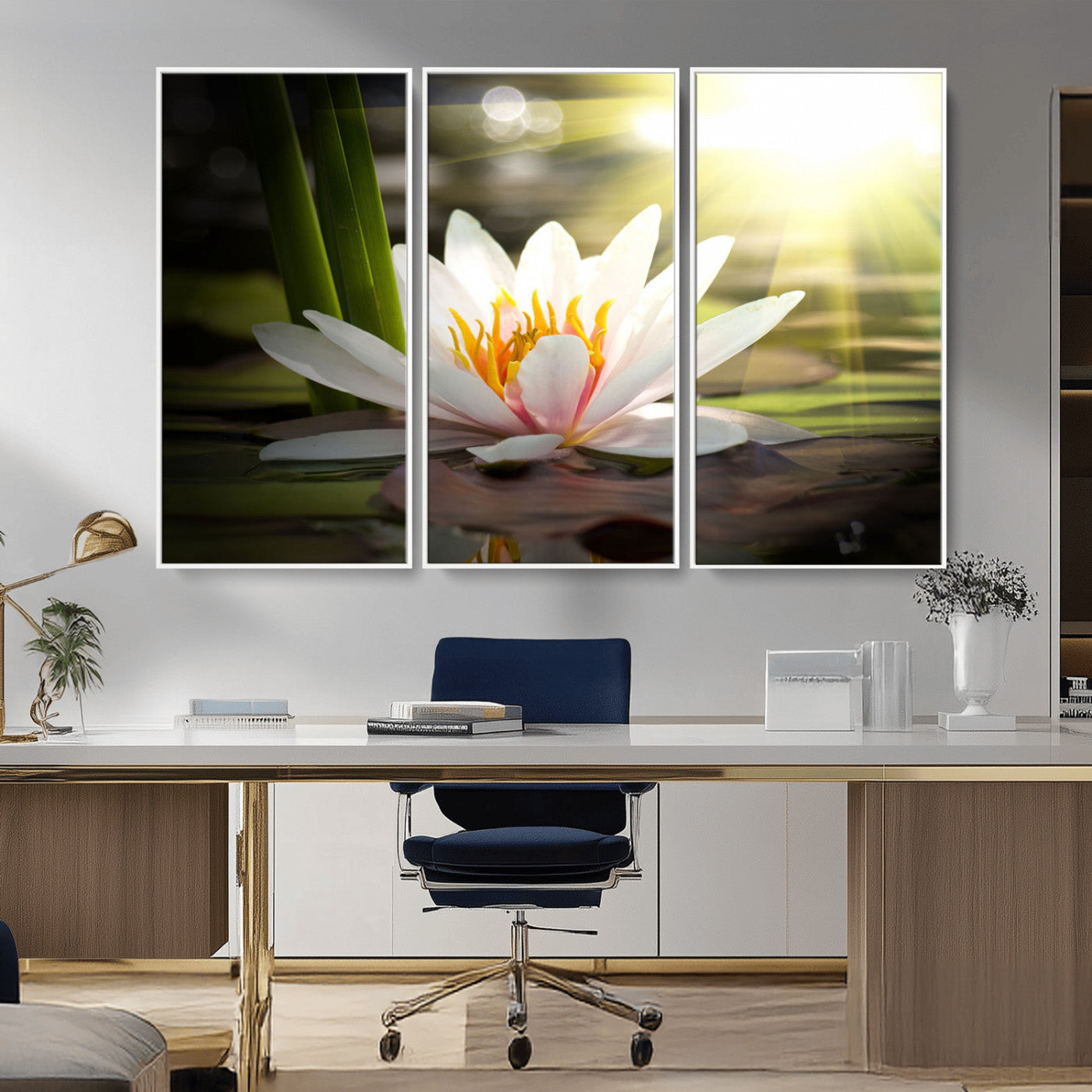 60352-MGV-FC-48X32-3P_White-White Water Lily Wall Art – Lotus Flower Canvas Print with Sunlight Reflection, Peaceful Botanical Artwork for Living Room,