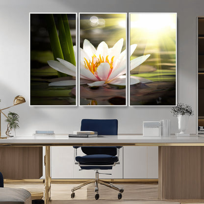60352-MGV-FC-48X32-3P_White-White Water Lily Wall Art – Lotus Flower Canvas Print with Sunlight Reflection, Peaceful Botanical Artwork for Living Room,