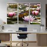 28394-MGV-CV-36X24-Water Lily Pond Wall Art – Pink Lotus Flowers Canvas Print with Green Lily Pads, Peaceful Botanical Artwork for Living Room,