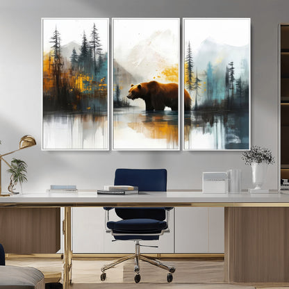 50308-MGV-CV-36X24-Abstract Rustic Bear Wall Art – Forest and Mountain Scene Canvas Print, Nature Artwork for Modern Farmhouse or Log Cabin Decor