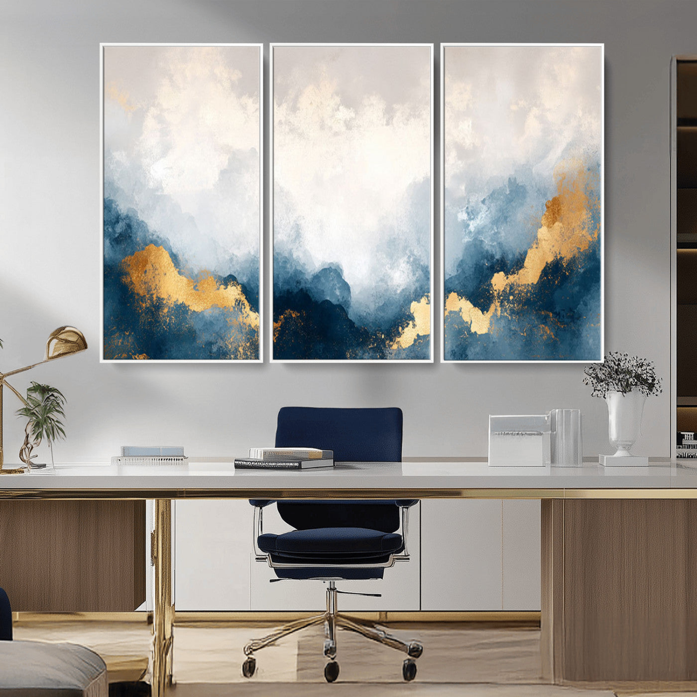 14578-MGV-CV-36X24-Abstract Wall Art – Modern Canvas Print Featuring Blue and White Clouds with Golden Accents, Contemporary Elegant Artwork for
