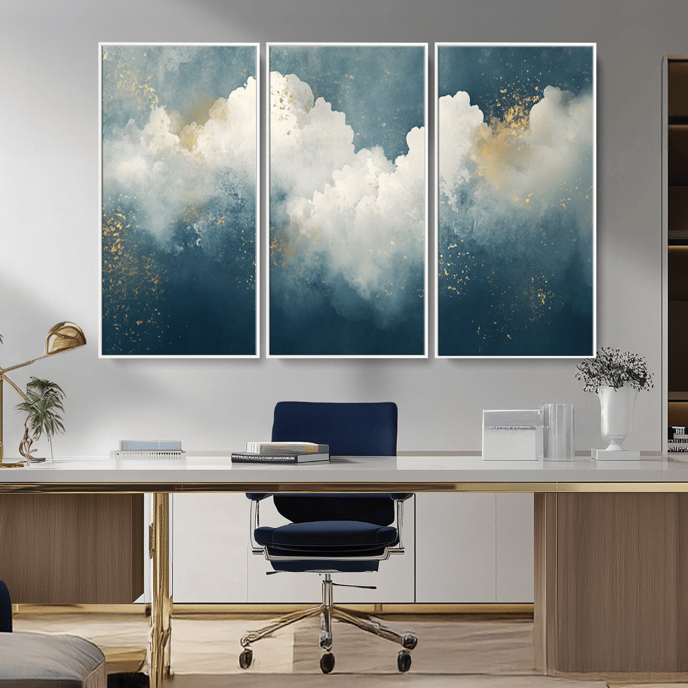 75131-MGV-CV-36X24-Abstract Cloud Wall Art – Modern Canvas Print Featuring Blue and White Clouds with Golden Accents, Contemporary Artwork for Living