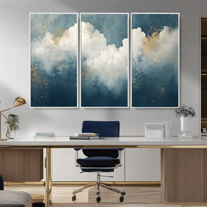 75131-MGV-CV-36X24-Abstract Cloud Wall Art – Modern Canvas Print Featuring Blue and White Clouds with Golden Accents, Contemporary Artwork for Living