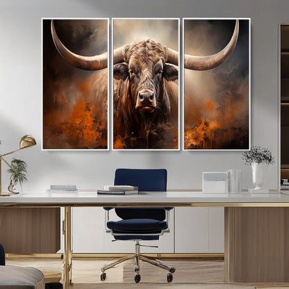 240479-MGV-CV-36X24-Longhorn Bull Wall Art – Dramatic Western Canvas Print Featuring Horned Bull with Fiery Background, Rustic Farmhouse Artwork for