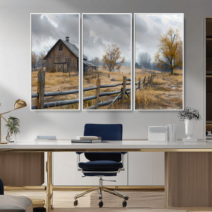 Farm1-MGV-CV-36X24-Rustic Autumn Farmhouse Wall Art – Serene Countryside Scene Canvas Print, Weathered Barn and Autumn Trees Decor for Living Room,