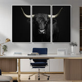 97914921-MGV-CV-36X24-Black Bull Wall Art Canvas Print, Framed Longhorn Bull Art Picture Print, Western Bull Perfect Monochrome Western Decor Artwork