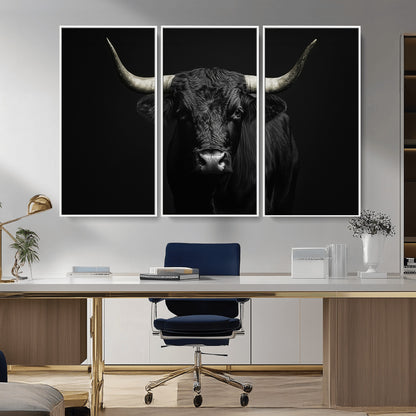 97914921-MGV-CV-36X24-Black Bull Wall Art Canvas Print, Framed Longhorn Bull Art Picture Print, Western Bull Perfect Monochrome Western Decor Artwork