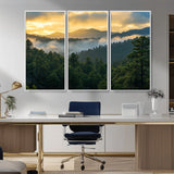 68082278-MGV-CV-36X24-Mountain Sunrise Wall Art Canvas Print, Framed Pine Forest Art Picture Print, Misty Mountains Perfect Earthy Woodland Decor