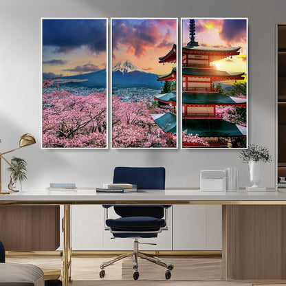 32331262-MGV-CV-36X24-Mount Fuji Japan Wall Art – Cherry Blossom Landscape Canvas Print, Chureito Pagoda Sunset Photography, Japanese Nature Travel