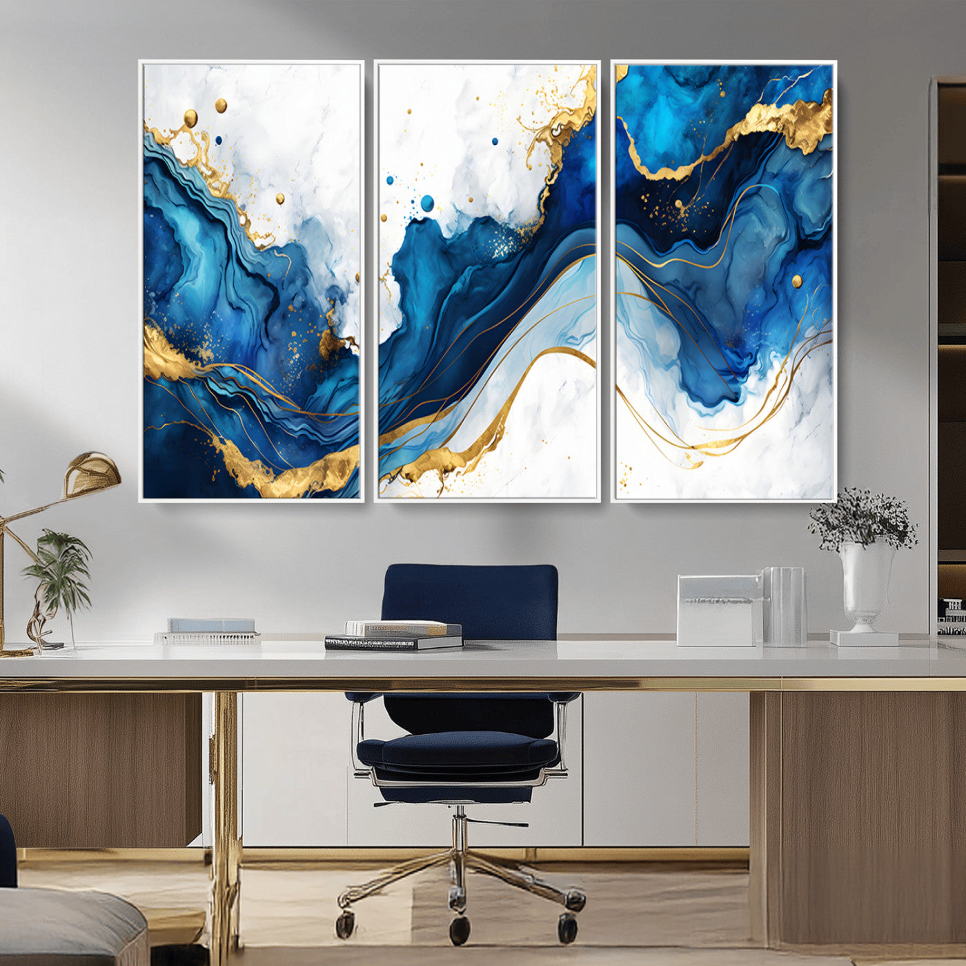 33506371-MGV-CV-36X24-Blue Marble Wall Art Canvas Print, Framed Gold Splash Art Picture Print, Abstract Wave Perfect Modern Luxe Decor Artwork