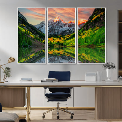 59533484-MGV-FC-48X32-3P_White-Maroon Bells Autumn Wall Art – Panoramic Mountain Landscape Canvas Print, Sunset Reflection Nature Artwork for Living Room, Office