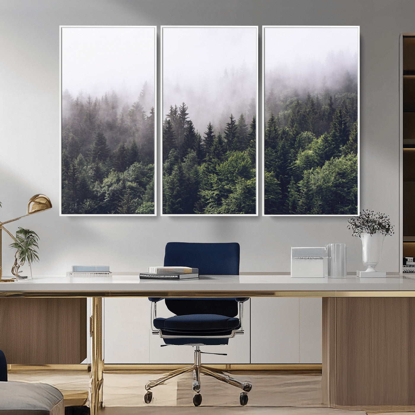 62890402-MGV-CV-36X24-Misty Forest Wall Art Canvas Print, Framed Foggy Pines Art Picture Print, Pine Valley Perfect Moody Woodland Decor Artwork