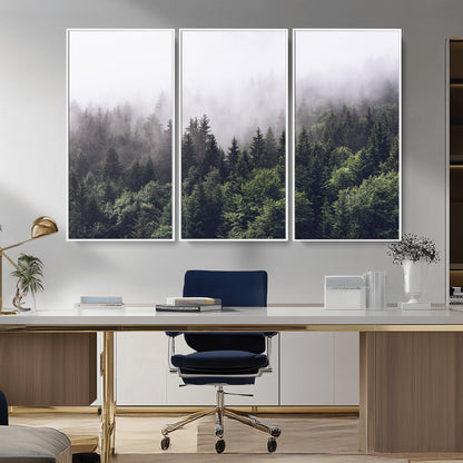 62890402-MGV-CV-36X24-Misty Forest Wall Art Canvas Print, Framed Foggy Pines Art Picture Print, Pine Valley Perfect Moody Woodland Decor Artwork