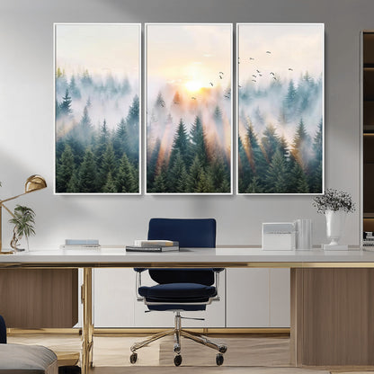 92718976-MGV-FC-48X32-3P_White-Misty Forest Wall Art Canvas Print, Framed Sunrise Pines Art Picture Print, Foggy Woodland Perfect Moody Woodland Decor Artwork