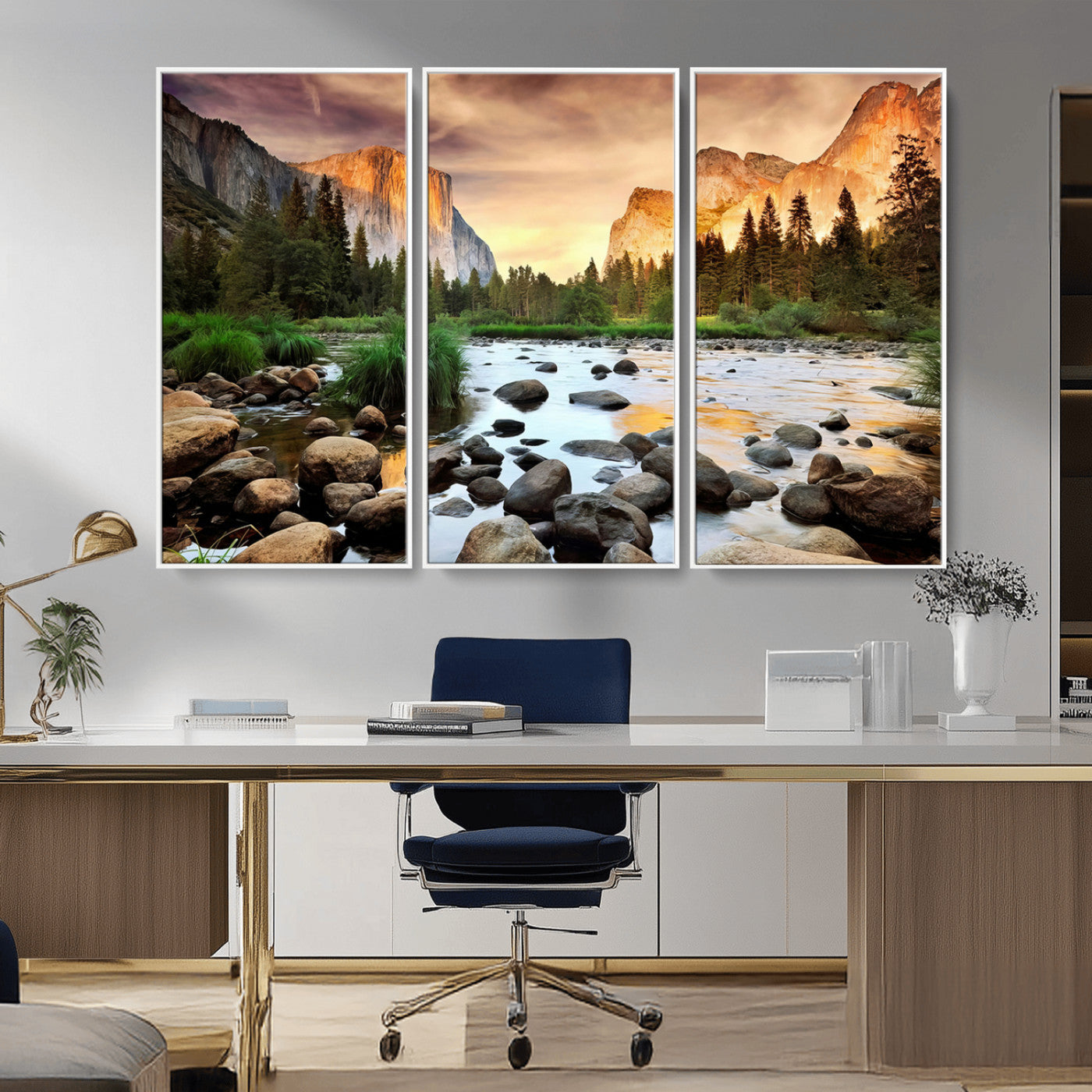 90956031-MGV-FC-48X32-3P_White-Yosemite Valley Wall Art – Scenic Mountain River Landscape Canvas Print, Nature Photography for Living Room, Bedroom, Cabin,