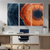 57732250-MGV-CV-36X24-Tree Ring Abstract Wall Art – Blue Orange Wood Grain Canvas Print, Modern Rustic Nature Artwork for Living Room, Office,