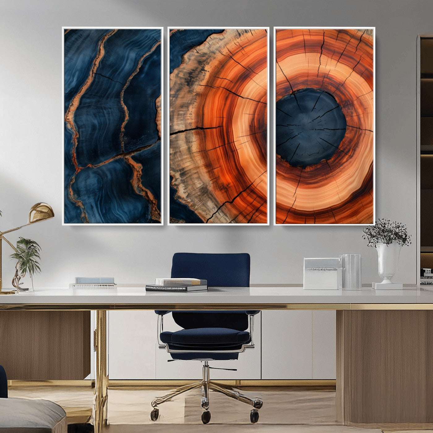 41123192-MGV-CV-36X24-Tree Ring Canvas Wall Art – Abstract Blue Orange Wood Grain Print, Rustic Modern Nature Artwork for Living Room, Bedroom, Office