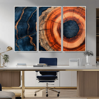 41123192-MGV-CV-36X24-Tree Ring Canvas Wall Art – Abstract Blue Orange Wood Grain Print, Rustic Modern Nature Artwork for Living Room, Bedroom, Office