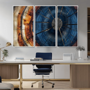 60099360-MGV-FC-48X32-3P_White-Blue Tree Ring Wall Art – Rustic Wood Grain Canvas Print, Modern Abstract Artwork with Natural Texture for Living Room, Bedroom,
