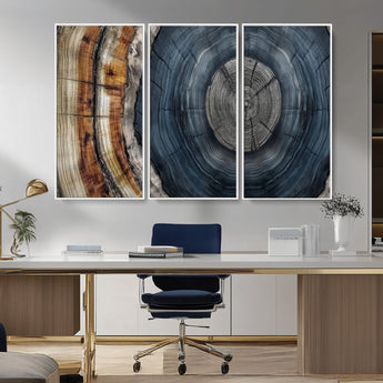 91368647-MGV-CV-36X24-Smoky Blue Tree Ring Wall Art – Rustic Wood Cross Section Canvas Print, Modern Nature Inspired Decor for Living Room, Office, or