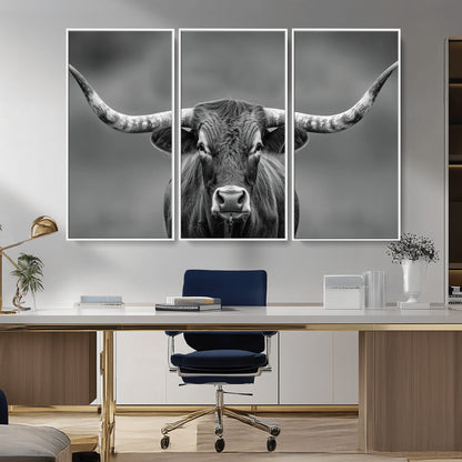 81228550-MGV-CV-36X24-Framed Texas Longhorn Bull Art Canvas Print, Western Bull Wall Art Print, Long Horn Bull Photo Print for Log Cabin, Large Bull