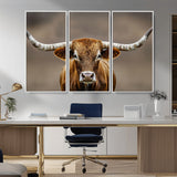 12179171-MGV-CV-36X24-Texas Longhorn Wall Art Canvas Print, Framed Brown Bull Art Picture Print, Lone Cattle Perfect Rustic Western Decor Artwork