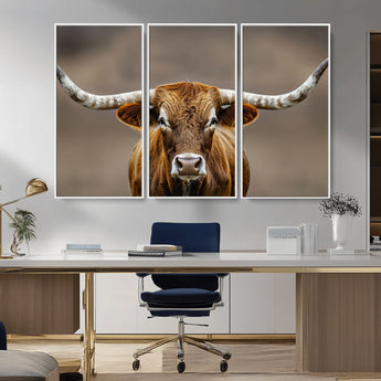 12179171-MGV-CV-36X24-Texas Longhorn Wall Art Canvas Print, Framed Brown Bull Art Picture Print, Lone Cattle Perfect Rustic Western Decor Artwork