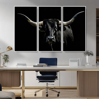 37531960-MGV-FC-48X32-3P_White-Black Longhorn Bull Wall Art – Dramatic Western Cattle Canvas Print, Rustic Farmhouse Animal Artwork for Living Room, Bedroom,