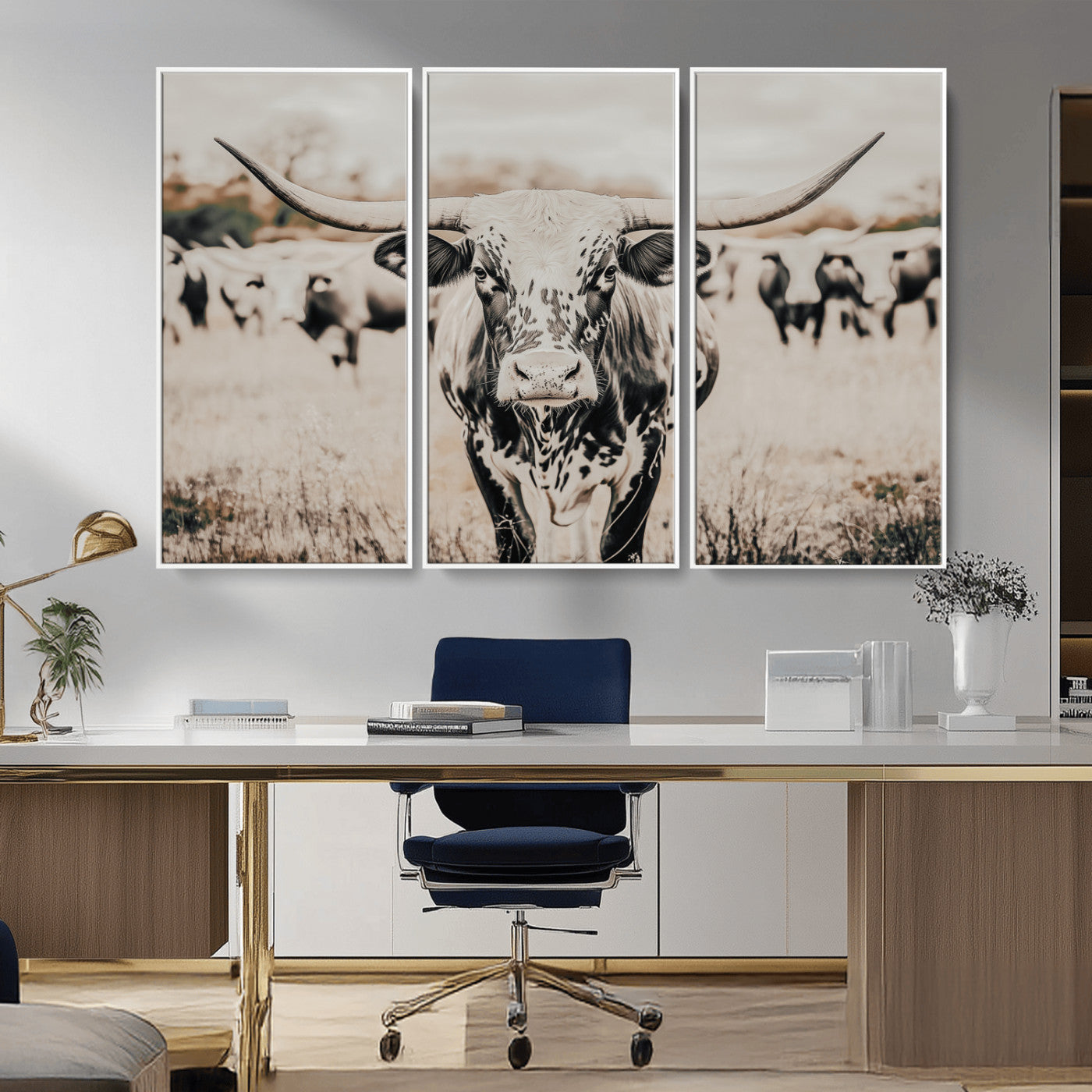 27497342-MGV-CV-36X24-Texas Longhorn Wall Art Canvas Print, Framed Speckled Cow Art Picture Print, Horned Cattle Perfect Rustic Western Decor Artwork