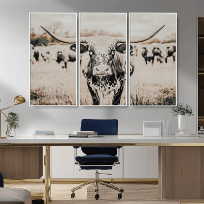 27497342-MGV-CV-36X24-Texas Longhorn Wall Art Canvas Print, Framed Speckled Cow Art Picture Print, Horned Cattle Perfect Rustic Western Decor Artwork