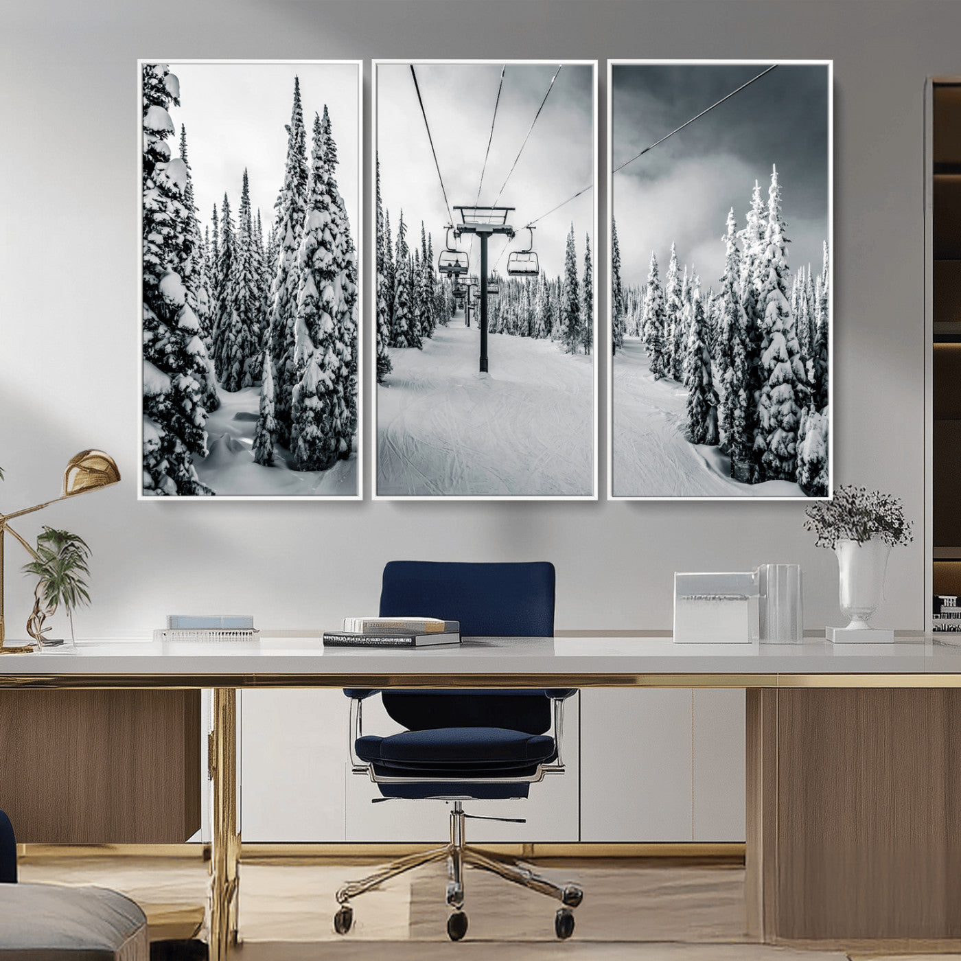31156828-MGV-CV-36X24-Snowy Pines Wall Art Canvas Print, Framed Ski Lift Art Picture Print, Winter Forest Perfect Moody Lodge Decor Artwork