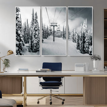 31156828-MGV-CV-36X24-Snowy Pines Wall Art Canvas Print, Framed Ski Lift Art Picture Print, Winter Forest Perfect Moody Lodge Decor Artwork