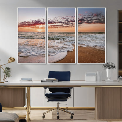 39846389-MGV-CV-36X24-Ocean Sunset Wall Art Canvas Print, Framed Sandy Shore Art Picture Print, Gentle Waves Perfect Minimalist Coastal Decor Artwork