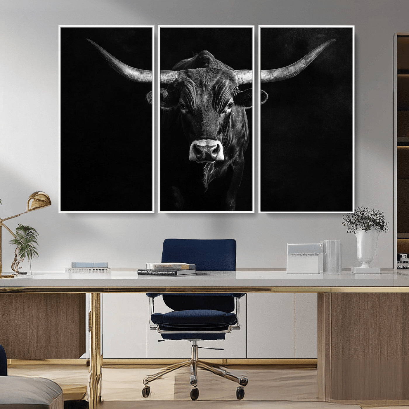 42077175-MGV-CV-36X24-Texas Longhorn Wall Art Canvas Print, Framed Monochrome Bull Art Picture Print, Horned Bull Perfect Rustic Western Decor Artwork