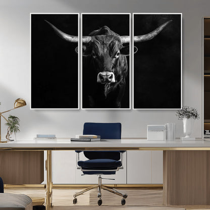 42077175-MGV-CV-36X24-Texas Longhorn Wall Art Canvas Print, Framed Monochrome Bull Art Picture Print, Horned Bull Perfect Rustic Western Decor Artwork