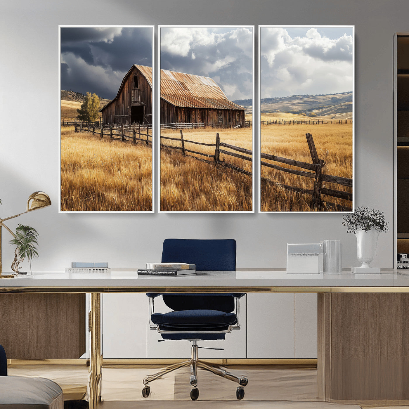 38758826-MGV-CV-36X24-Rustic Barn Wall Art Canvas Print, Framed Moody Barn Art Picture Print, Golden Field Perfect Rustic Farmhouse Decor Artwork