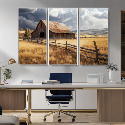 38758826-MGV-CV-36X24-Rustic Barn Wall Art Canvas Print, Framed Moody Barn Art Picture Print, Golden Field Perfect Rustic Farmhouse Decor Artwork