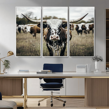 79025945-MGV-CV-36X24-Texas Longhorn Wall Art Canvas Print, Framed Speckled Cow Art Picture Print, Horned Cattle Perfect Rustic Western Decor Artwork