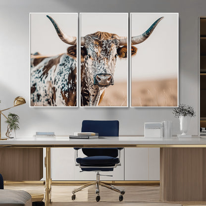70414966-MGV-FC-48X32-3P_White-Texas Longhorn Wall Art Canvas Print, Framed Speckled Cow Art Picture Print, Horned Bull Perfect Rustic Western Decor Artwork