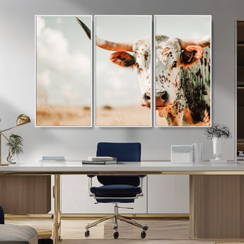 72766375-MGV-CV-36X24-Texas Longhorn Wall Art Canvas Print, Framed Spotted Cow Art Picture Print, Horned Cattle Perfect Rustic Western Decor Artwork