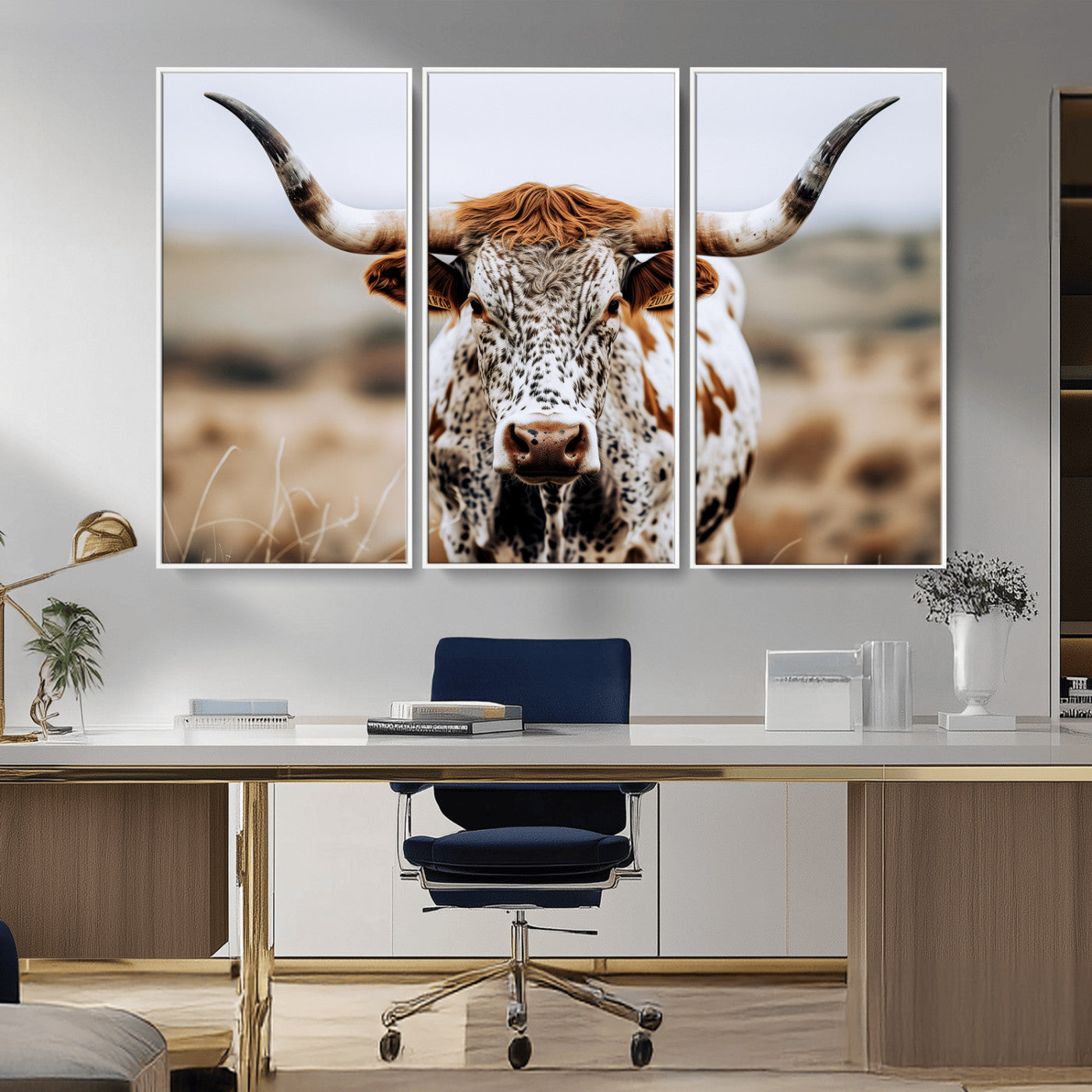 76294381-MGV-CV-36X24-Texas Longhorn Wall Art Canvas Print, Framed Spotted Cow Art Picture Print, Horned Cattle Perfect Rustic Western Decor Artwork