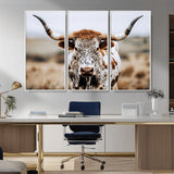 76294381-MGV-CV-36X24-Texas Longhorn Wall Art Canvas Print, Framed Spotted Cow Art Picture Print, Horned Cattle Perfect Rustic Western Decor Artwork