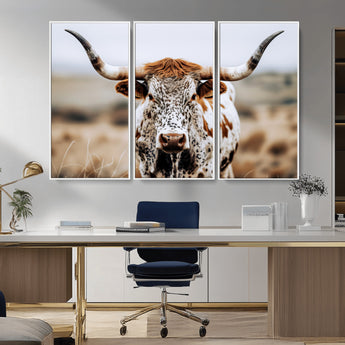 76294381-MGV-CV-36X24-Texas Longhorn Wall Art Canvas Print, Framed Spotted Cow Art Picture Print, Horned Cattle Perfect Rustic Western Decor Artwork