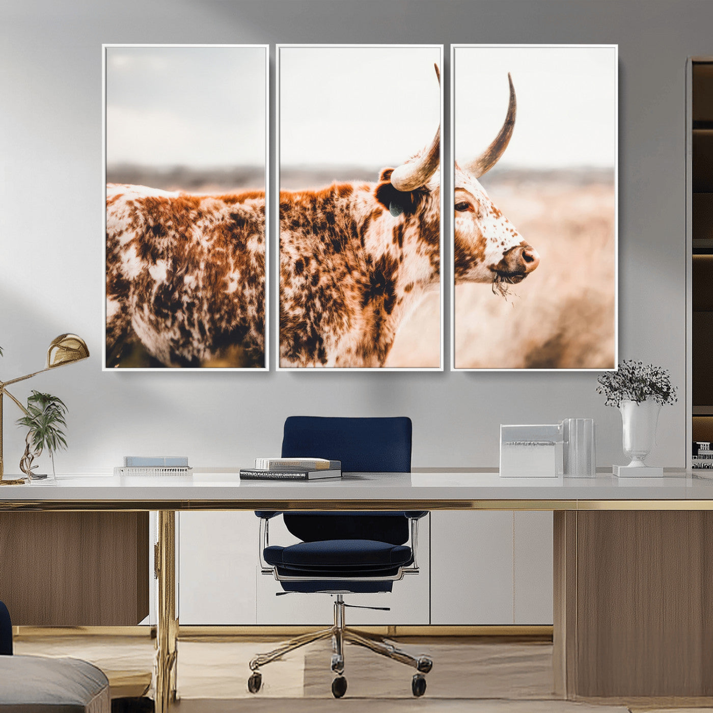 11528295-MGV-FC-48X32-3P_White-Speckled Longhorn Wall Art Canvas Print, Framed Texas Cattle Art Picture Print, Horned Cow Perfect Rustic Western Decor Artwork