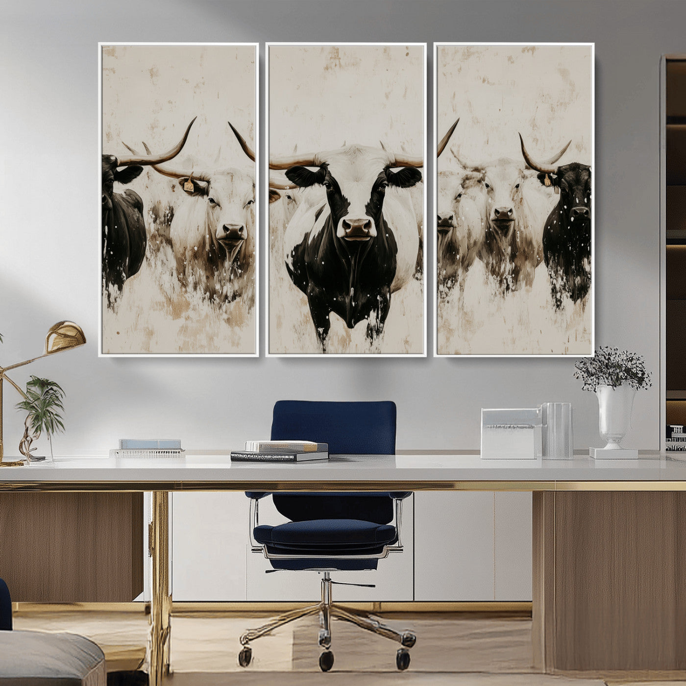 12027562-MGV-CV-36X24-Longhorn Cattle Wall Art Canvas Print, Framed Bison Herd Art Picture Print, Cattle Group Perfect Rustic Farmhouse Decor Artwork