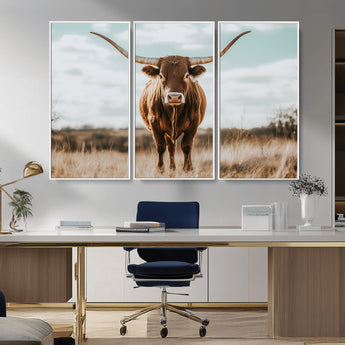 39350715-MGV-FC-48X32-3P_White-Texas Longhorn Wall Art Canvas Print, Framed Longhorn Cow Art Picture Print, Western Cattle Perfect Rustic Western Decor Artwork