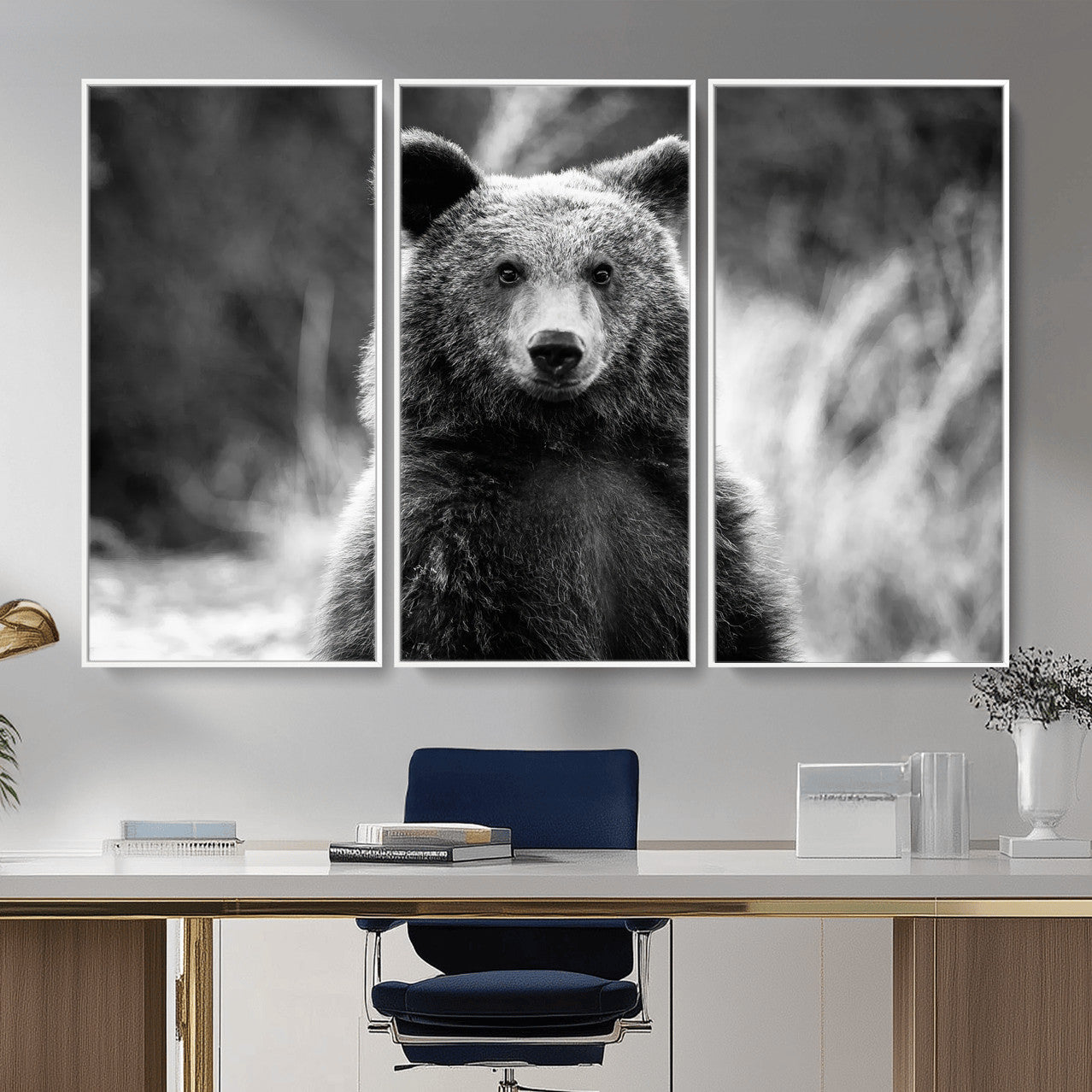 MGV-FC-48X32-3P - Grizzly Bear Wall Art Canvas Print, Framed Black White Bear Art Picture Print, Wild Bear Perfect Rustic Wildlife Decor Artwork