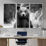 MGV-FC-48X32-3P - Grizzly Bear Wall Art Canvas Print, Framed Black White Bear Art Picture Print, Wild Bear Perfect Rustic Wildlife Decor Artwork